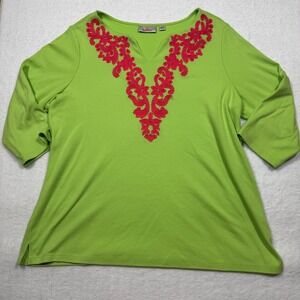 Quacker Factory Lime Green Pink Embroidered Beaded V-Neck Top 1X 3/4 Sleeve